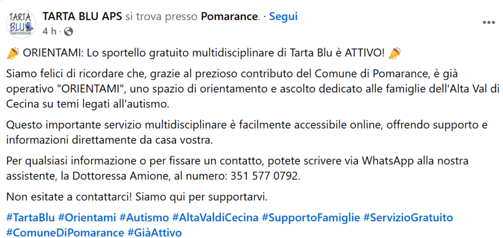 ORIENTAMI: Lo sportello gratuito multidisciplinare di Tarta Blu è ATTIVO! 📣 Siamo felici di ricordare che, grazie al prezioso contributo del Comune di Pomarance, è già operativo "ORIENTAMI", uno spazio di orientamento e ascolto dedicato alle famiglie dell'Alta Val di Cecina su temi legati all'autismo.